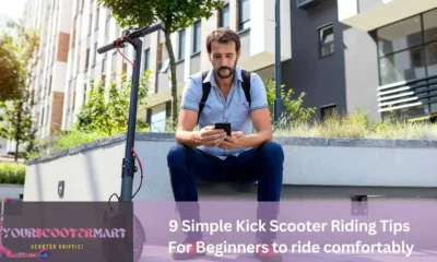 A man sitting on a bench on the side of a road in blue shirt checking his mobile for kick scooter riding tips and a scooter parked on his side