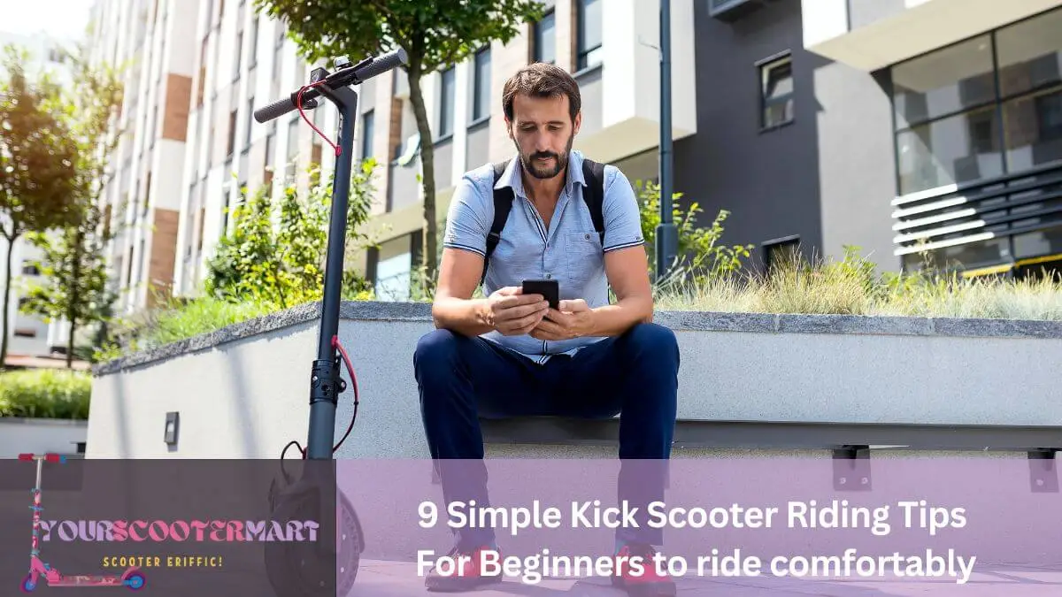 A man sitting on a bench on the side of a road in blue shirt checking his mobile for kick scooter riding tips and a scooter parked on his side