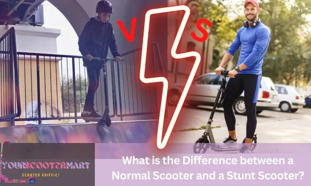 Two men ,One on a normal scooter and a stunt scooter