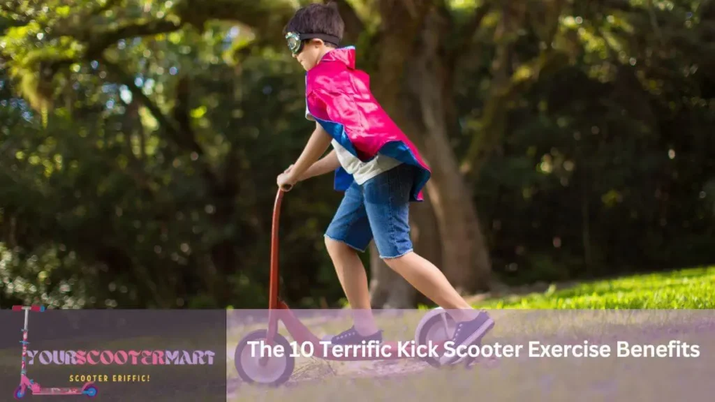 A kid riding a scooter in a park which includes in the Kick Scooter Exercise Benefits