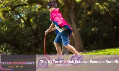 A kid riding a scooter in a park which includes in the Kick Scooter Exercise Benefits