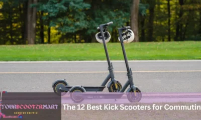 Two black kick scooters parked on a side of a road ,from the 12 best kick scooters for commuting