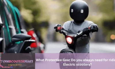 A boy wearing black helmet ,gloves as protective gear while riding electric scooter