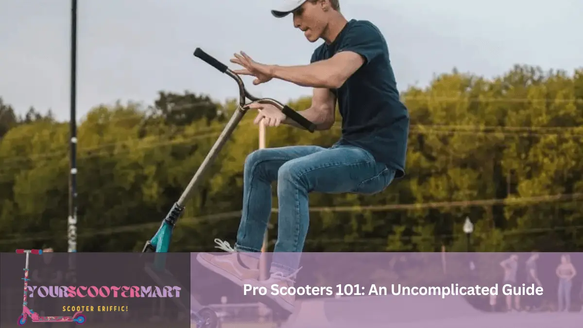 A man in blue shirt and jeans showing tricks on a Pro scooter