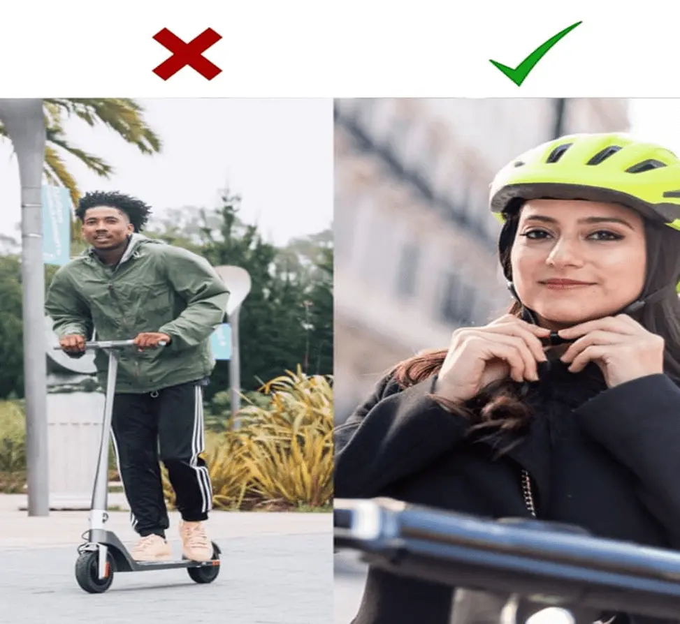 A man not wearing a helmet on a scooter but a woman wearing a helmet to ride on a scooter.