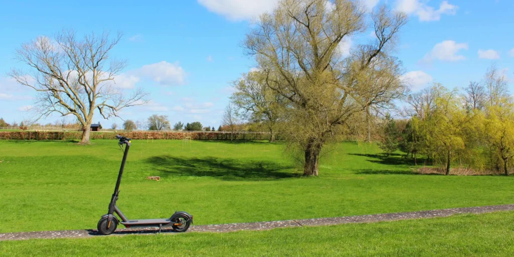 A black scooter parked in a park