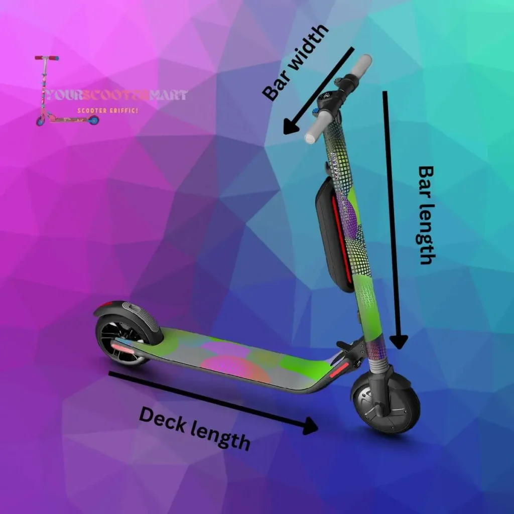 An image showing how to measure the bar length, bar width and deck length of a pro scooter