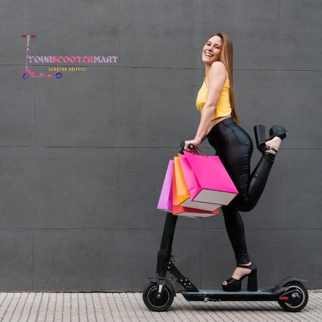 A woman in yellow top and black pants with shopping bags on a parked scooter