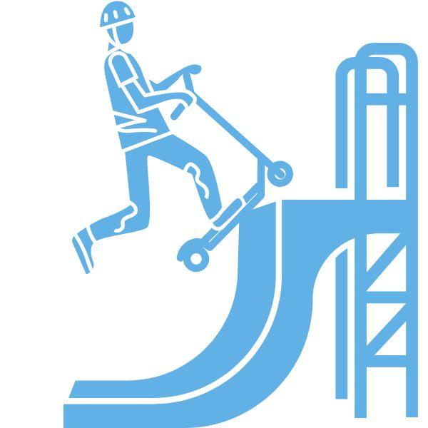 An illustration in blue showing a man doing a scooter trick on a ramp one of the beginner tricks for scooters