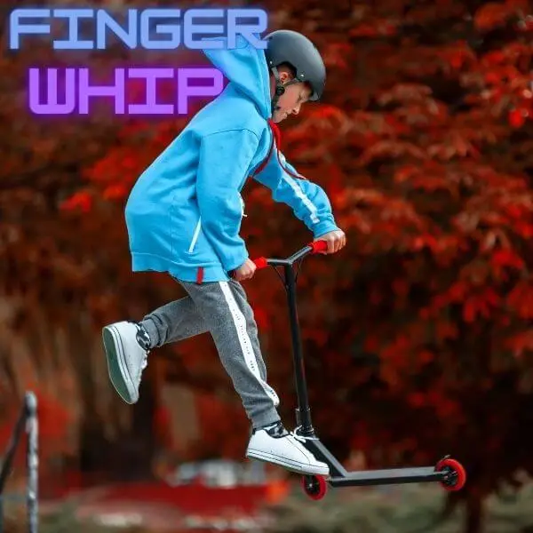 A kid in blue jacket doing the finger whip scooter trick (intermediate scooter tricks)