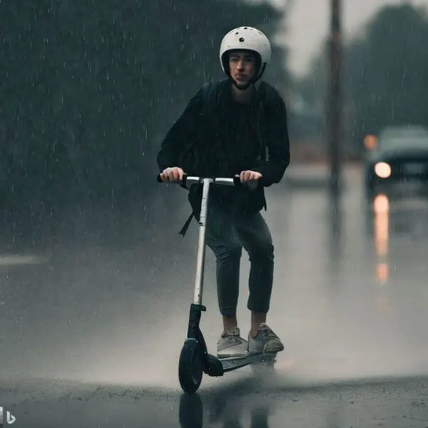 A man riding a kick scooter in the rain 