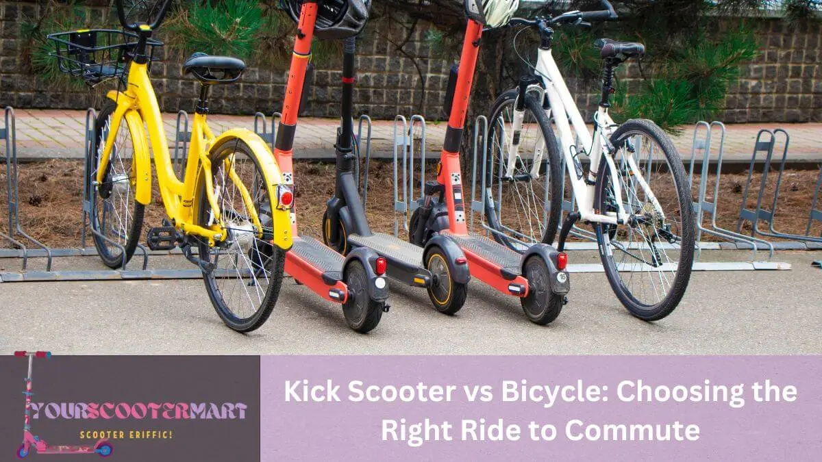 Kick scooter vs bicycle : 2 kick scooters and 2 bicycles on a roadside